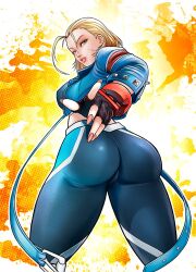 1girls ass blonde_hair blue_eyes cammy_white capcom dat_ass female female_only fully_clothed hi_res light-skinned_female light_skin looking_at_viewer looking_back rankgo scar solo street_fighter street_fighter_6 thunder_thighs tight_clothing tight_fit