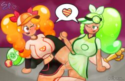 2girls absurd_res artist_name artist_signature breasts cookie_run cookie_run_ovenbreak female female_focus female_only green_eyes green_hair happy heart holding_hands lesbian_sex lime_cookie looking_at_each_other multiple_girls one_eye_closed open_mouth orange_cookie orange_eyes orange_hair purple_background ribbon ribbons scissoring skirt socks speech_bubble spunow_ sweat sweaty tagme trophy wholesome wink winking winking_at_partner yuri