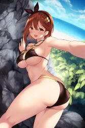 armpits ass ass_cleavage atelier_(series) atelier_ryza atelier_ryza_2 bangs bare_shoulders beach bikini black_bikini black_ribbon blush braid breasts brown_eyes brown_hair butt_crack cait cait_aron cleavage collarbone earrings female hair_ornament jewelry key_necklace large_breasts looking_at_viewer necklace open_mouth reisalin_stout ribbon short_hair side_braid smile solo star_(symbol) star_earrings swimsuit thighs underboob