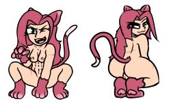 abs cat_ears cat_paws cat_tail fangs female gnome gnome_(warcraft) gnome_female green_eyes pink_hair scars sissa squatting warcraft