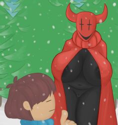 ambiguous_gender breasts clothed clothing duo exposed female frisk genitals hair hi_res horn human humanoid mammal mask nacarat_jester nipples plant public pussy red_cloak red_horn red_scarf scarf smile snow standing sweater topwear tree undertale undertale_(series) unknown_artist