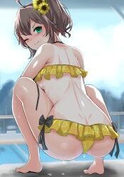 absurdres ahoge ass backboob bikini breasts brown_hair female flower frilled_bikini frills from_behind green_eyes hair_flower hair_ornament highres hololive hololive_gen_1 hololive_japan long_hair looking_at_viewer looking_back natsuiro_matsuri nonoririn one-piece_tan one_eye_closed ponytail small_breasts solo squatting sunflower swimsuit tan tanlines virtual_youtuber yellow_bikini