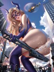 cameltoe camera city cityscape giantess helicopter high_resolution horns liang_xing looking_down mount_lady my_hero_academia news_reporter police_officer seductive_smile superheroine yuu_takeyama