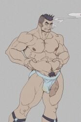 balls bara cigarette daath240 facial_hair jockstrap male male_only muscles muscular penis penis_out piss_stain sock_garters solo solo_male stomach_grab