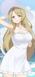 1girls armpits blonde_hair breasts elimine_(fire_emblem) female female_only fire_emblem fire_emblem:_the_binding_blade green_eyes large_breasts long_hair looking_at_viewer makino_harumaki nintendo ocean outdoors saint_elimine_(fire_emblem) smile solo very_long_hair