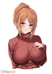 alternate_costume aquila_(kantai_collection) bangs blush breasts closed_mouth cropped_torso ebifurya female hair_ornament hairclip hand_on_own_chest hand_up high_ponytail highres kantai_collection large_breasts long_sleeves looking_at_viewer mature_female one-hour_drawing_challenge orange_hair parted_bangs red_sweater ribbed_sweater simple_background smile solo sweater turtleneck turtleneck_sweater twitter_username upper_body white_background