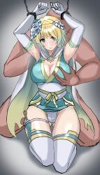 1boy 1girls alternate_costume arms_up ass_visible_through_thighs bare_thighs blonde_hair blue_eyes bondage bound breast_grab breasts cape chloroform cleavage covering_mouth elbow_gloves female female_focus femsub fire_emblem fire_emblem_heroes fjorm_(fire_emblem) fjorm_(ninja)_(fire_emblem) grabbing grabbing_from_behind groping hand_over_another's_mouth handgag handkerchief jeminiremu kneeling knife large_breasts looking_at_viewer male maledom mask molestation multicolored_hair ninja nintendo official_alternate_costume panties rape restrained short_hair solo_focus thighhighs thighs torn_clothes underwear upskirt weapon white_panties x-ray