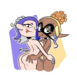 2girls ass breasts chocolate_and_vanilla completely_nude_female dark-skinned_female female female_only frye_(splatoon) light-skinned_female monica_moneybell multiple_girls nude nude_female pussy shiver_(splatoon) splatoon splatoon_3 symmetrical_docking tentacle_hair yuri