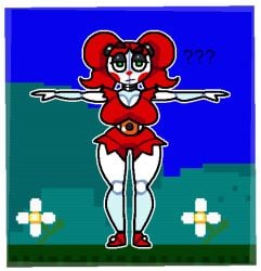 ??? baby_(fnafsl) blue_background breasts circus_baby circus_baby_(fnaf) crushtrap female five_nights_at_freddy's five_nights_at_freddy's:_sister_location green_eyes mob_face pigtails pixel_art red_hair shoes solo t-pose white_body