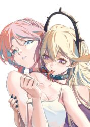 2023 2girls arknights bare_arms bare_shoulders black_nails blonde_hair blue_eyes blue_poison_(arknights) breasts choker cy9 hand_up indigo_(arknights) long_hair long_tongue multiple_girls nail_polish pointy_ears purple_eyes purple_hair short_hair simple_background tongue yuri