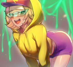 1girls 6yoshi9 big_ass big_breasts blonde_hair blush brawl_stars cap female_only glasses green-tinted_eyewear green_glasses happy light-skinned_female light_skin max_(brawl_stars) open_mouth purple_shorts red_cap shorts smile solo_female streetwear_max supercell sweatshirt teeth thick_thighs tight_shorts tinted_eyewear tongue visor yellow_sweatshirt