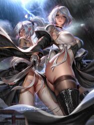 big_butt blue_eyes curvaceous female high_resolution liang_xing lightning mole mole_under_mouth nier:_automata ponytail rain robe short_hair sisters storm sword tattoo thick_thighs white_hair yorha_2b yorha_a2