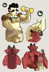 anthro armpit armpit_hair balls big_balls big_penis bovid bovine caprine caprine_demon don't_starve don't_starve_together erection furry furrz furrzabinch gay goat horn human human_on_anthro implied_sex male male_only muscular_male penis red_fur sitting sniffing sniffing_armpit wolfgang_(don't_starve) wortox