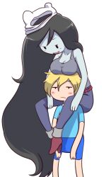 1boy 1girls 2015 adventure_time annoyed bigger_female blush breasts_on_head cartoon_network duo eyebrows_visible_through_hair fangs finn_the_human full_body fully_clothed hat levitation long_hair looking_at_partner marceline mischievous nollety pants piggyback portrait resting_breasts shirt shoes short_hair shorts sitting_on_person standing tanktop teasing vampire wearing_others_clothes wearing_partner's_clothes white_background