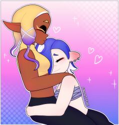 2girls average_breasts clothed clothing cuddle cute female female/female female_only forehead_kiss franticfoe_(artist) frye_(splatoon) girl hug hug_breasts inkling kissing octoling safe sfw shiver_(splatoon) small_breasts snuggle snuggling splatoon splatoon_(series) splatoon_3 thick_thighs thighs wholesome yuri