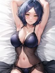 1girls ai_generated arms_behind_back arms_up curvy_body female_focus female_only hayami_kanade idolmaster idolmaster_cinderella_girls lingerie underwear voluptuous voluptuous_female