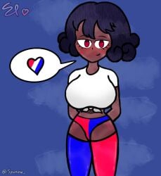 1girls art_trade artist_name artist_signature black_hair blue_background curly_hair dark_skin dark_skinned_female female female_focus female_only heart looking_at_viewer nekathethird original original_character panties red_eyes smile smiling_at_viewer speech_bubble spiral_eyes spirals spunow_ steam stripes sweat sweating sweaty sweaty_body tagme thighhighs tied_shirt white_shirt