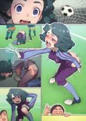 ass ass_cleavage ball blue_eyes blush breasts butt_crack clothes_pull covered_erect_nipples cum cum_in_pussy embarrassed female gloves goalkeeper green_hair hiding highres inazuma_eleven_(series) legs medium_breasts medium_hair multiple_views muramura_hito nipples open_mouth outdoors sequential shoes shorts shorts_pull soccer_ball soccer_field soccer_uniform sportswear standing sweat thighs thumbs_up top-down_bottom-up trembling umihara_norika x-ray