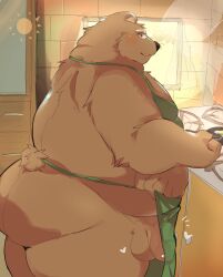 0119_muu 2023 anthro apron ass balls bear belly big_belly big_butt blush brown_body clothing cooking flaccid genitals hi_res kemono kitchen male mammal overweight overweight_male penis solo