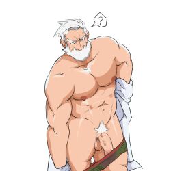 bear_(body_type) beard confused confusion daddy dilf drayden flaccid flaccid_penis hanamuransfw looking_at_viewer male male_only muscles muscular muscular_male old_man pokemon pokemon_bw pokemon_bw2 silver_fox taking_off_underwear underwear veiny_penis