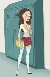 1girls 2d adult_swim areolae background belly bimbo breasts breasts_out breasts_out_of_clothes brown_hair cleavage color crucifix curvy diklonius female female_only locker lockers long_hair nipples nipples_bulge nipples_visible_through_clothing rick_and_morty skirt socks solo stockings thigh_socks thighhighs tricia_lange white_socks