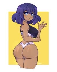 1girls ass blue_eyes blue_eyes_female border breasts bubble_butt calvin_klein clenched_hand cowboy_shot cropped_legs dark-skinned_female dark_skin drawfag drawthread_request huge_ass looking_at_viewer looking_back nintendo pokemon pokemon_xy product_placement purple_hair sideboob sina_(pokemon) smile thong underwear white_background yellow_background