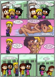 1boy 3girls amy_(xierra099) backstory bisexual bisexual_female bisexual_sandwich black_eyes black_hair blonde blonde_female blonde_hair blonde_hair_female blush blushing braided_ponytail breasts brown_eyes brown_hair chloe_(xierra099) chocolate_and_vanilla clothed clothed_female comic comic_page dialogue first_time first_time_sex flashback groping_from_behind jason_(xierra009) jealous jealous_female licking_face light-skinned_female light-skinned_male light_brown_hair lockers lovin’sis naked naked_female naked_male nipples nude nude_female nude_male olive_eyes sandwich_position sandwiched school sex sweat sweaty_body tan-skinned_female threesome valerie_(xierra099) xierra099 yuri