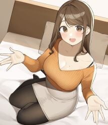 bed big_breasts blush bra bra_strap brown_hair cleavage hotel_room imminent_sex leggings long_hair office_lady ol-chan_(ol_mahonanoka) ol_mahonanoka original skirt