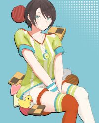 aqua_eyes black_hair blush cookie hololive hololive_gen_2 hololive_japan looking_at_viewer loose_clothes loose_shirt oozora_subaru red_thighhighs short_hair shorts simple_background sitting smile swept_bangs two-tone_shirt vertical_stripes virtual_youtuber watch whistle whistle_around_neck white_thighhighs wristband yellow_shirt