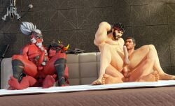 4boys anal anal_sex balls battle_breakers bed crossover demon dominion_(fortnite) fortnite gay kurohomura lewd_exo male/male male_only male_penetrated male_penetrating male_penetrating_male menace_(fortnite) muscular muscular_male penis red_skin ryu_(street_fighter) street_fighter