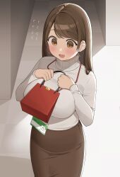 big_breasts blush brown_hair earrings gift id_card inframammary_clothing_crease lanyard long_hair office office_lady ol-chan_(ol_mahonanoka) ol_mahonanoka original skirt tight_clothing turtleneck