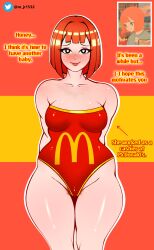 1female 1girls english english_text female female_focus female_only freckles_on_breasts hips impregnation_request m_jr_art mcdonald's mom_(japanese_mcdonald's_commercial) mother red_hair speaking speaking_to_viewer swimsuit white_skin wife wife_and_husband yoru_mac