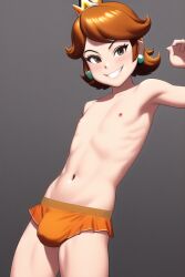 1boy ai_generated belly belly_button brown_eyes brown_hair bulge bulge_through_clothing crown femboy genderswap_(ftm) male male_only males_only mario_(series) nipples novelai prince_darcy princess princess_daisy rule_63 solo swim_briefs swimsuit topless