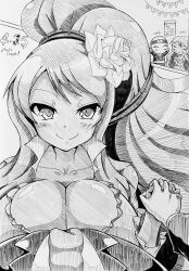 1boy 2girls ageha_(senran_kagura) bangs calendar_(object) cleavage female flower flower_in_hair ha_jin hair_ornament happy_birthday holding_hands huge_breasts looking_at_viewer male monochrome pencil_(artwork) ponytail pov rose senran_kagura smile smoking spanish_text spelling_error tie very_long_hair