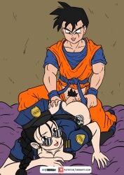 1boy 1girls all_fours clothed clothing cop dbart+18 doggy_style dragon_ball dragon_ball_gt female future_gohan male milf older_female son_gohan tagme videl videl_(gt_saga)