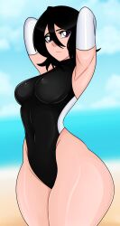 1girls armpits arms_behind_head bangs bikini black_hair black_swimsuit bleach blue_eyes gloves hyper_thighs kuchiki_rukia massive_thighs pear-shaped_figure pear_shaped short_hair sonson-sensei swimsuit thick_thighs thighs thunder_thighs wide_hips