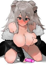 after_ejaculation animal_ears blush breasts cum cum_on_body cum_on_breasts cumdrip dildo dismassd ear_piercing facial female fur-trimmed_jacket fur_trim grey_eyes grey_hair hair_between_eyes highres hololive hololive_gen_5 hololive_japan jacket large_breasts lion_ears lion_girl nipples no_bra no_panties no_pants open_clothes piercing sex_toy shishiro_botan virtual_youtuber