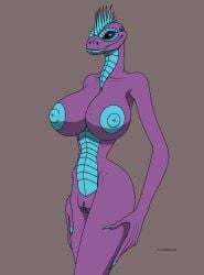 5_fingers absurd_res anthro big_breasts big_nipples biped blue_body blue_eyes blue_scales breasts claws female fingers genitals hi_res lips multicolored_body nipples nude purple_body pussy reptile scales scalie simple_background solo sweetmeat tall