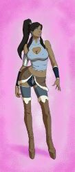 1girls avatar_legends belly belly_button bimbo bimbo_body bimbo_lip bimbo_lips bimbofication bimbofied blue_eyes dark-skinned_female dark_hair female female_focus female_only fenris_comix high_heel_boots high_heels korra long_hair nail_polish nickelodeon platform_heels simple_background solo solo_female solo_focus standing the_avatar the_legend_of_korra water_tribe