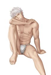 1boy barefoot full_body fundoshi gay gintama gintoki_sakata happy_trail looking_at_viewer male male_only mosilll red_eyes sitting solo toned toned_male toothpick topless topless_male underwear underwear_only white_hair yaoi