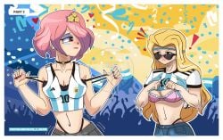 2girls argentina artist_request dr.stone female female_only fifa_2022 luna_wright minami_hokutozai qatar underwear world_cup yuri