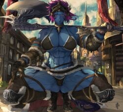 au_ra axe big_breasts bikini bikini_armor blue_hair blue_skin breasts final_fantasy final_fantasy_xiv horns huge_breasts ikeartrellatab large_breasts muscles muscular muscular_female purple_eyes purple_hair scales seductive_look solo solo_female squatting tail xaela