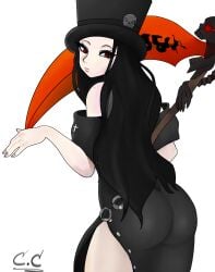 ambiguous_gender ass ass_in_dress big_ass big_butt black_hair butt_focus champchidi curvy guilty_gear guilty_gear_strive long_hair looking_back no_breasts red_eyes testament_(guilty_gear) thick_ass thick_thighs