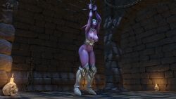 1girls 3d armor armored_boots blender bondage bound_wrists breasts candle chained_up chains dungeon female image mostly_nude night_elf prison purple_skin pygophilia3d skull solo tyrande_whisperwind world_of_warcraft