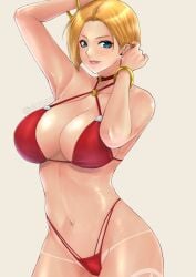 armpits arms_up bikini blonde_hair blue_mary bracelet breasts choker earrings fatal_fury green_eyes highres jewelry king_of_fighters large_breasts looking_at_viewer navel parted_lips red_bikini short_hair sk_(sk-g) smile snk swimsuit tan tanline thighs toned underwear underwear_only