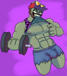 1boy 4_fingers abs barbell big_bulge bulge dumbell eyewear_on_head gay grey_skin half-closed_eyes jorts male male_focus male_only muscular muscular_male nipple_play nipples pecs pectorals plants_vs_zombies shirt shirt_lift shorts solo sunglasses sunglasses_on_head teosaurio3000 video_games zombie zombie_(pvz)