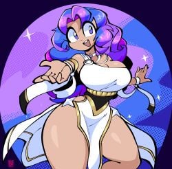 breasts cleavage commission dancing dress eyebrows_visible_through_hair jek_korpen purple_eyes purple_hair smile tagme tagme_(character) thick_thighs