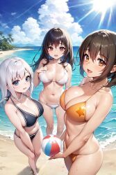 3girls ai_generated ball beach big_breasts bikini bikini_bottom bikini_top female female_only huge_breasts kim_hyung_tae_(jamm3rd) long_hair medium_breasts pov pov_eye_contact water