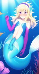 1boy ai_generated blonde_hair crossdressing embarrassed erection femboy forced girly_boy long_hair male male_only merfolk merman original_character penis underwater