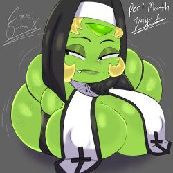1girls 2d ass big_ass big_breasts blonde_hair breasts bubble_ass bubble_butt clothing cross_samax female female_only garter_straps gem_(species) green-skinned_female green_skin huge_ass huge_breasts looking_at_viewer lying lying_on_stomach nun nun's_habit peridot_(steven_universe) shortstack smile solo steven_universe